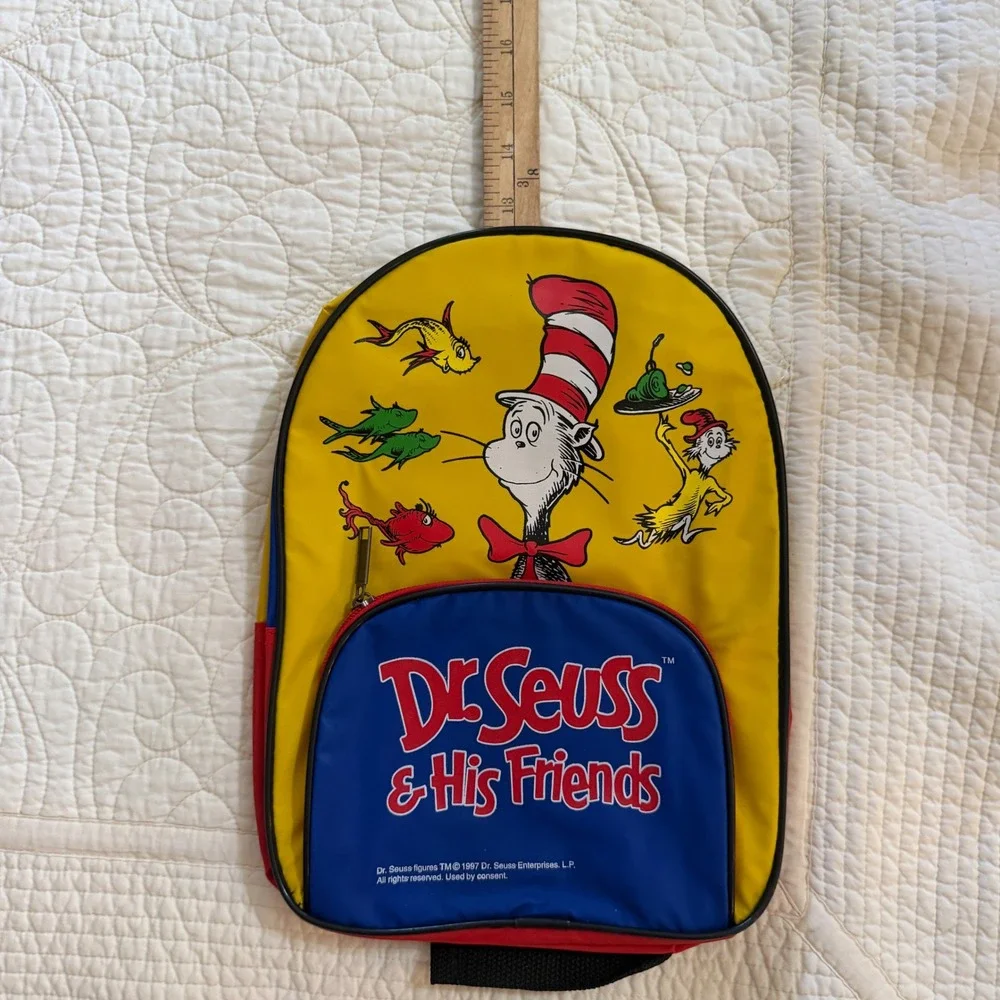 Vintage 1997 Dr Seuss and His Friends Cat in the Hat Kids Backpack Yellow Blue